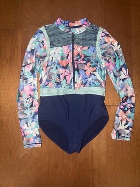 Athleta Girls' Floral Long-Sleeve Navy & Pastel One-Piece Swimsuit